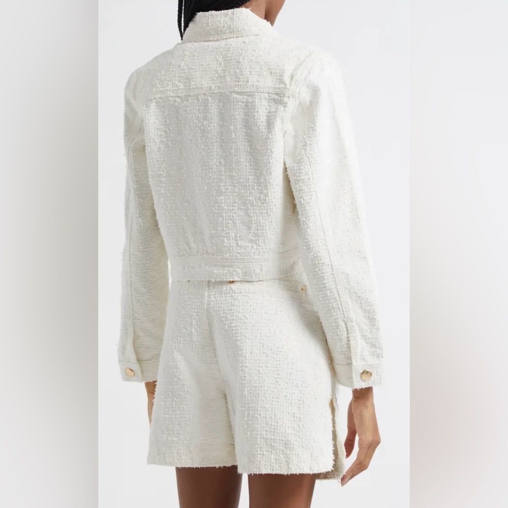 FARM Rio White Tweed Crop Jacket Textured Cotton Gold Button Coastal Boho Size M - Picture 2 of 10